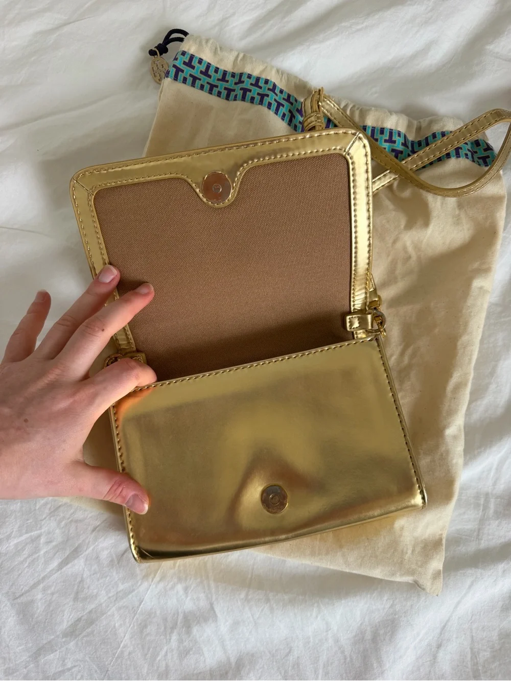 Tory Burch Metallic Gold Leather Crossbody with Perforated Logo